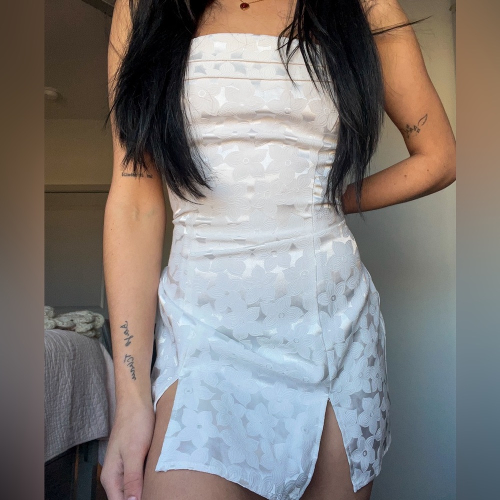 white floral strapless mini dress